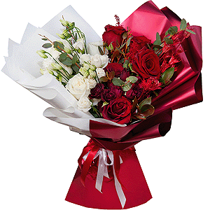 White rose 50 cm - 6, Red rose 50 cm - 6, lisianthus - 3, Spray rose: red 50 cm - 2, Spray rose: white, cream, light pink 50 cm - 4, Solidago (1 pc.), Ruscus, Dried flowers decor, Wrapping Paper, Eucalyptus parvifolia (1 pc.)