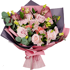 Orange carnation - 3, Pink rose 50 cm - 8, Alstromeria white, soft pink - 3, Pink Lisianthus (Eustoma) - 4, Pink carnation - 3, Ruscus, Aspidistra (1 pc.), Eucalyptus Cinerea, Wrapping Paper