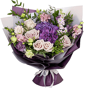 Blue/purple hydrangea - 2, Pink rose 50 cm - 7, Matthiola Lilac - 3, Lilac carnation - 4, Pink Lisianthus (Eustoma) - 4, Ruscus, Eucalyptus parvifolia (1 pc.), Wrapping Paper