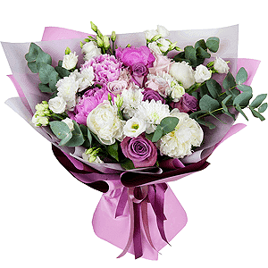 Peony pink - 5, Pink rose 50 cm - 10, Peony white - 4, lisianthus - 3, Baltica White Spray Chrysanthemum - 3, Eucalyptus Cinerea, Wrapping Paper, Eucalyptus Cinerea