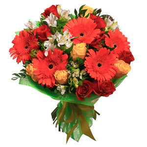 Pink rose 50 cm - 8, Red rose 50 cm - 8, Alstromeria white, soft pink - 4, Gerbera daisies - 7, Alstromeria Red, Bright Pink - 4, Pistachio, Felt, Ribbon
