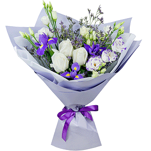 Irises - 4, lisianthus - 1, White rose 50 cm - 5, Spray rose: white, cream, light pink 50 cm - 2, Purple Lisianthus (Eustoma) - 2, Limonium (1 pc.), Wrapping Paper
