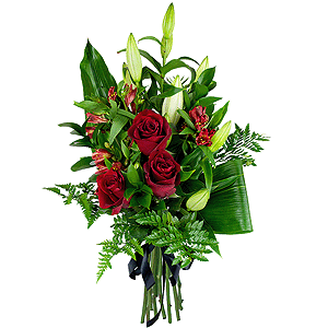 Lilies - 3, Alstromeria Red, Bright Pink - 4, Red rose 50 cm - 4, Fern (1 pc.), Aspidistra (1 pc.), Ruscus, Ribbon
