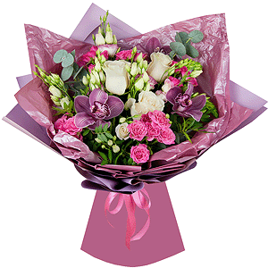 White rose 50 cm - 4, Pink Cymbidium Orchid Bud - 4, Bright pink spray rose mix, 50 cm - 3, lisianthus - 4, Spray rose: white, cream, light pink 50 cm - 1, Eucalyptus Cinerea, Pistachio, Flask for orchids, Wrapping Paper