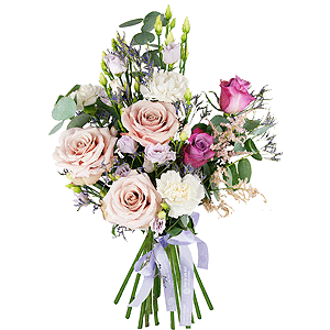 lisianthus - 4, Carnation white, cream - 5, Deep Purple rose - 4, Rose Powder 50 cm Ecuador (Quicksand, Menta) - 5, Limonium (1 pc.), Eucalyptus Cinerea, Ribbon