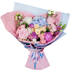 Blue/purple hydrangea - 3, Peony style roses - 4, Peony pink - 5, Spray rose: white, cream, light pink 50 cm - 5, lisianthus - 3, Peony rose pink 'OHara' - 4, Pink Lisianthus (Eustoma) - 2, Veronica spray, Wrapping Paper