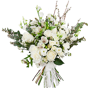 White rose 50 cm - 7, Spray rose: white, cream, light pink 50 cm - 3, Alstromeria white, soft pink - 2, Baltica White Spray Chrysanthemum - 4, Carnation white, cream - 4, lisianthus - 3, White statice, Bunch of willows, Ribbon, Eucalyptus Cinerea