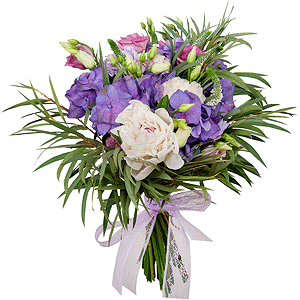 Peony white - 3, Carnation white, cream - 6, Pink Lisianthus (Eustoma) - 4, Blue/purple hydrangea - 2, Veronica spray, Eucalyptus, Flask for orchids, Ribbon
