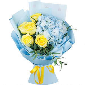 Blue/purple hydrangea - 1, Yellow rose 50 cm - 9, Eucalyptus, Wrapping Paper