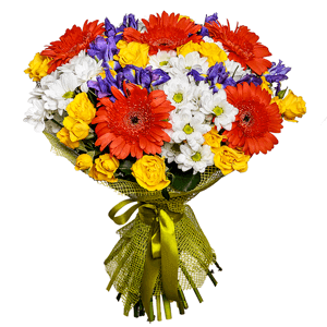 Spray rose: yellow, orange 50 cm - 15, Bacardi White Spray Chrysanthemum - 9, Gerbera daisies - 9, Irises - 15, Jute 1 meter, Ribbon