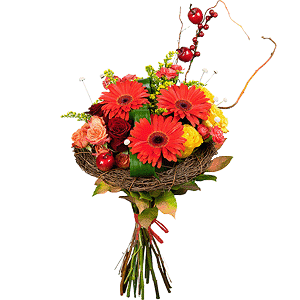 Red rose 50 cm - 4, Yellow rose 50 cm - 5, Gerbera daisies - 4, Pink spray carnation - 5, Spray rose: yellow, orange 50 cm - 2, The frame of the branches, Aspidistra (1 pc.), Solidago (1 pc.), Salal, Dried flowers decor, Artificial branch, Decorative element small, Ribbon