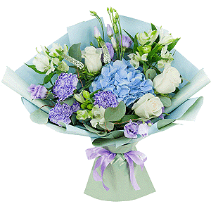 Blue/purple hydrangea - 2, Lilac carnation - 5, Alstromeria white, soft pink - 4, Purple Lisianthus (Eustoma) - 4, White rose 50 cm - 5, Veronica spray, Eucalyptus populus (1 pc.), Wrapping Paper