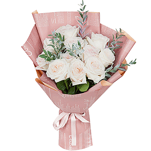 Peony style roses - 19, Eucalyptus populus (1 pc.), Wrapping Paper, Ribbon