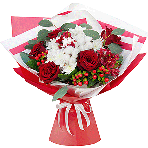 Red rose 50 cm - 9, Baltica White Spray Chrysanthemum - 4, Alstromeria Red, Bright Pink - 3, Hypericum, Cotton bud, Eucalyptus populus (1 pc.), Wrapping Paper, Ribbon
