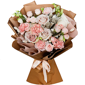 Rose Powder 50 cm Ecuador (Quicksand, Menta) - 5, lisianthus - 4, White rose 50 cm - 3, Peony sprayrose - 4, Pink carnation - 8, Dried flowers decor, Wrapping Paper