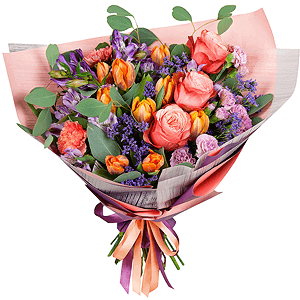 Alstromeria lilac, purple - 6, Orange tulip - 15, Pink spray carnation - 5, Orange carnation - 4, Peony rose Kahala 50 cm - 5, Limonium (1 pc.), Eucalyptus populus (1 pc.), Wrapping Paper, Ribbon