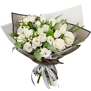 White rose 50 cm - 9, lisianthus - 5, Tulip white - 13, Ambrella, Hypericum, Wrapping Paper, Ribbon