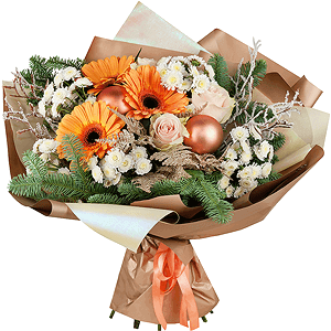 Gerbera daisies - 3, Athos poms Stallion - 7, White rose 50 cm - 7, Aspidistra (1 pc.), Spruce branches (1pc.), Artificial branch, Wrapping Paper, Ribbon, Christmas decor (set)