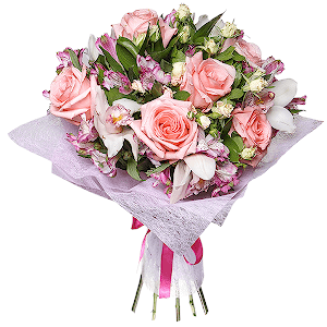 White Cymbidium Orchid Bud - 6, Alstromeria lilac, purple - 8, Spray rose: white, cream, light pink 50 cm - 5, Pink rose 50 cm - 9, Felt, Ribbon, Flask for orchids