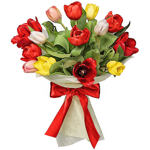 Red tulip - 10, Yellow tulip - 4, Pink tulip - 2, Tulip white - 3, Felt, Ribbon