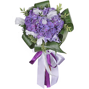 Blue/purple hydrangea - 2, Aspidistra (1 pc.), Eucalyptus parvifolia (1 pc.), Feathers decor., Ribbon