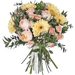 David Austin peonyroses - 6, Gerbera yellow - 6, Spray rose: white, cream, light pink 50 cm - 6, Waxflower (1 pc.), Ruscus, Eucalyptus parvifolia (1 pc.), Ribbon