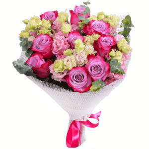 Arrangement of violet roses and eustomas with delivery Stavropol