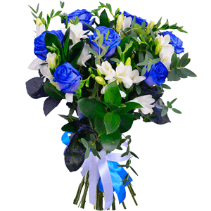 Rose blue - 13, Freesia - 13, Ruscus, Eucalyptus parvifolia (1 pc.), Ribbon, Ribbon