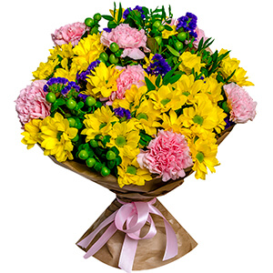 Bacardi Yellow Spray Chrysanthemum - 10, Pink carnation - 11, Blue Statice, Hypericum, Pistachio, Wrapping Paper, Ribbon