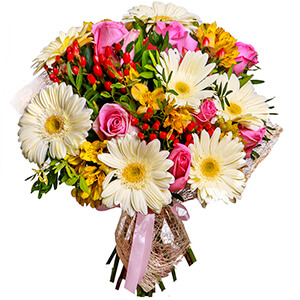 Pink rose 50 cm - 13, Gerbera white - 11, Alstromeria Yellow, Orange - 7, Hypericum, Sisal, Ribbon
