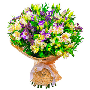 Purple Lisianthus (Eustoma) - 10, Alstromeria white, soft pink - 10, Limonium (1 pc.), Pistachio, Sisal, Ribbon