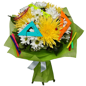 Yellow chrysanthemum  single-headed Anastasia - 4, Bacardi White Spray Chrysanthemum - 5, A set of rulers and markers, Ladybug decorative, 1 pc., Felt, Ribbon