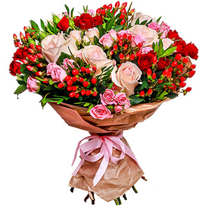 White rose 50 cm - 9, Bright pink spray rose mix, 50 cm - 21, Hypericum, Pistachio, Wrapping Paper