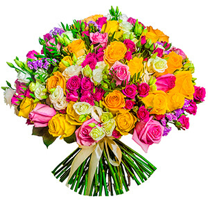 lisianthus - 16, Bright pink spray rose mix, 50 cm - 18, Pink rose 50 cm - 19, Yellow rose 50 cm - 35, Pink Statice, Pistachio, Ribbon