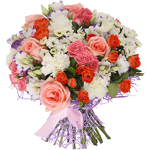 Pink rose 50 cm - 9, Spray rose: yellow, orange 50 cm - 5, Carnation white, cream - 8, Purple Lisianthus (Eustoma) - 7, Santini White Spray Chrysanthemum - 4, Bright pink spray rose mix, 50 cm - 4, Ruscus, Mesh (Abaka), Ribbon