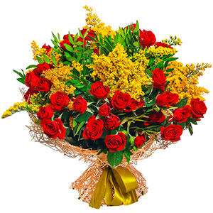 Spray rose: red 50 cm - 12, Solidago (1 pc.), Pistachio, Mesh (Abaka), Ribbon