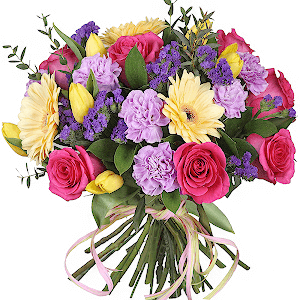Pink rose 50 cm - 11, Gerbera yellow - 5, Yellow tulip - 9, Lilac carnation - 9, Blue Statice, Eucalyptus parvifolia (1 pc.), Ruscus, Ribbon