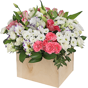 Spray rose: white, cream, light pink 50 cm - 8, Santini White Spray Chrysanthemum - 7, Pink Lisianthus (Eustoma) - 2, Alstromeria white, soft pink - 4, Purple Lisianthus (Eustoma) - 2, Ruscus, Pistachio, Oasis, Wooden pot