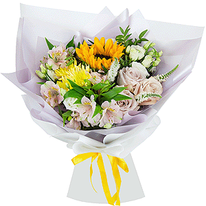 Alstromeria white, soft pink - 3, Baltica Yellow Spray Chrysanthemum - 2, lisianthus - 3, Rose Powder 50 cm Ecuador (Quicksand, Menta) - 4, Sunflower - 1, Veronica spray, Pistachio, Ribbon, Wrapping Paper