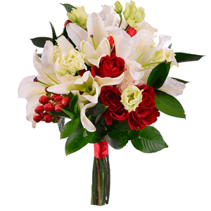 Lilies - 3, Red rose 50 cm - 5, lisianthus - 2, Hypericum, Ruscus, Ribbon