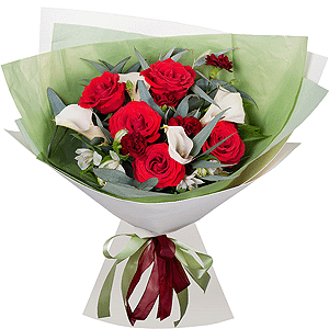 Calla lilies - 5, Red rose 50 cm - 6, Alstromeria white, soft pink - 4, Carnation spray - 5, Eucalyptus, Wrapping Paper