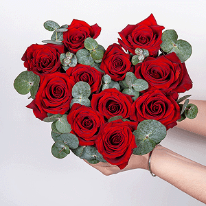 Red rose 50 cm - 15, Heart‑shaped box for arrangements, Oasis, Eucalyptus