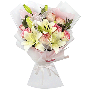 Peony style roses - 11, Lilies - 4, Eucalyptus, Wrapping Paper
