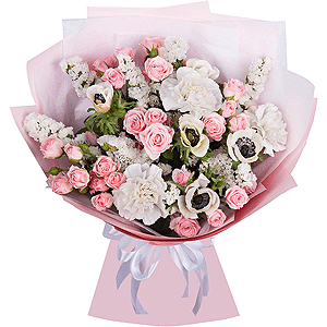 White anemone - 7, Bright pink spray rose mix, 50 cm - 9, Carnation white, cream - 7, White statice, Wrapping Paper