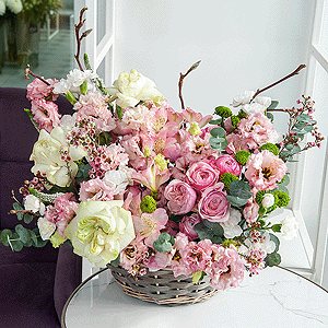 Alstromeria white, soft pink - 5, Spray peony rose Misty Bubbles, 50 cm - 3, Pink Lisianthus (Eustoma) - 5, Peony style roses - 3, White spray carnation - 8, Athos pom Feeling Green - 2, Small Basket, Oasis, Veronica spray, Waxflower (1 pc.), Artificial branch