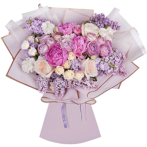 Peony pink - 3, Lilac Bush - 3, Matthiola Lilac - 4, Carnation white, cream - 7, lisianthus - 2, Spray rose: white, cream, light pink 50 cm - 3, Spray peony rose Lavander, 50 cm - 3, Peony style roses - 3, Wrapping Paper