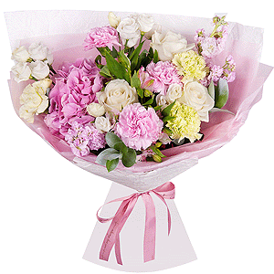 Pink Hydrangea - 1, Alstromeria white, soft pink - 3, Pink Matthiola - 4, White rose 50 cm - 5, lisianthus - 2, Green carnation - 3, Pink carnation - 4, Pistachio, Ruscus, Wrapping Paper