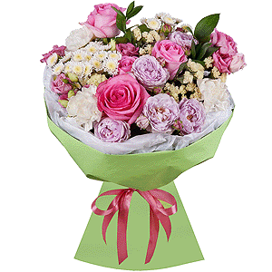 Pink rose 50 cm - 5, Spray peony rose Lavander, 50 cm - 2, Carnation white, cream - 6, Athos poms Stallion - 4, Pink Lisianthus (Eustoma) - 2, Ruscus, Yellow Statice, Wrapping Paper