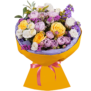 Yellow rose 50 cm - 4, Pink rose 50 cm - 5, Matthiola Lilac - 3, lisianthus - 3, Spray peony rose Lavander, 50 cm - 2, Solidago (1 pc.), Pink Statice, Ruscus, Wrapping Paper