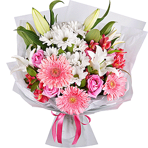 Lilies - 2, Alstromeria Red, Bright Pink - 4, Gerbera pink - 4, Pink rose 50 cm - 9, Bacardi White Spray Chrysanthemum - 4, Pistachio, Ruscus, Wrapping Paper, Ribbon